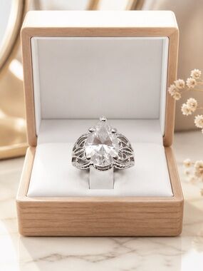 Size. 8 Sterling Silver Pear-Cut Clear CZ Statement Ring